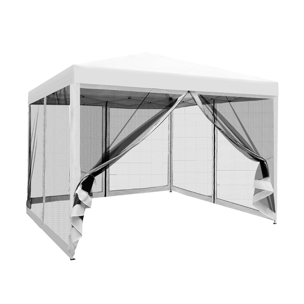 Gazebo Marquee 3x3m with Mesh Walls Folding Outdoor Canopy Shade Tent - White - Homecoze