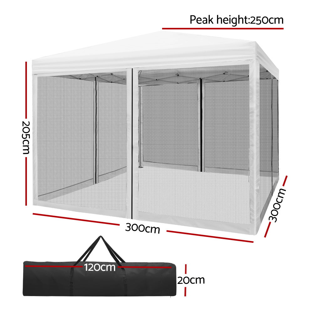 Gazebo Marquee 3x3m with Mesh Walls Folding Outdoor Canopy Shade Tent - White - Homecoze