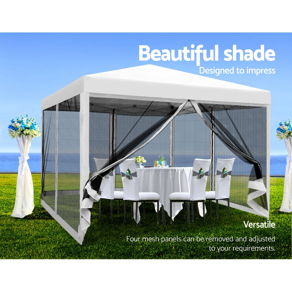 Gazebo Marquee 3x3m with Mesh Walls Folding Outdoor Canopy Shade Tent - White - Homecoze
