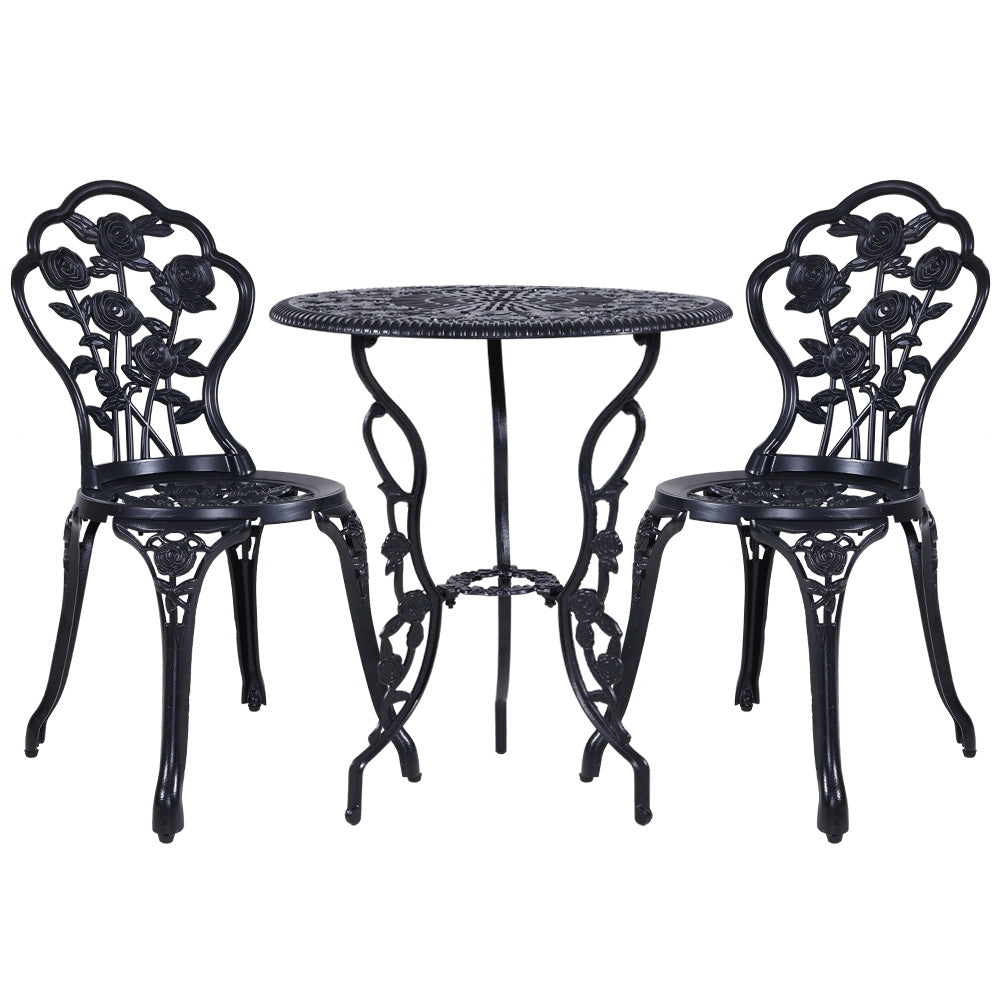 3 Piece Rose Pattern Metal Outdoor Bistro Set - Black - Homecoze
