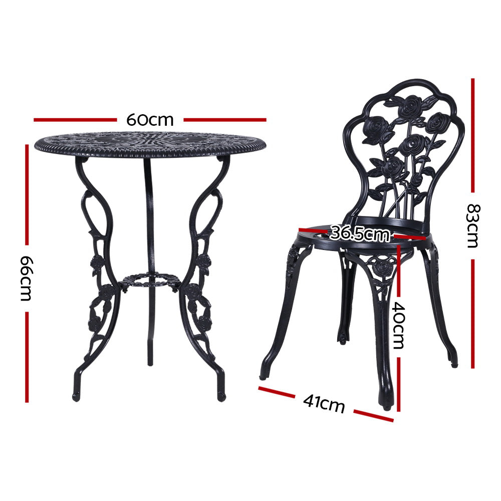 3 Piece Rose Pattern Metal Outdoor Bistro Set - Black - Homecoze