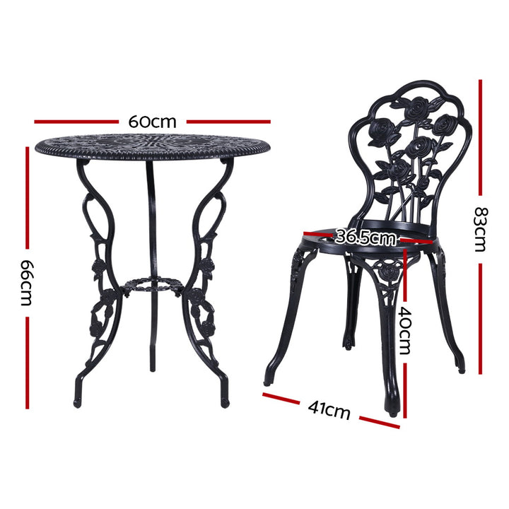 3 Piece Rose Pattern Metal Outdoor Bistro Set - Black Homecoze