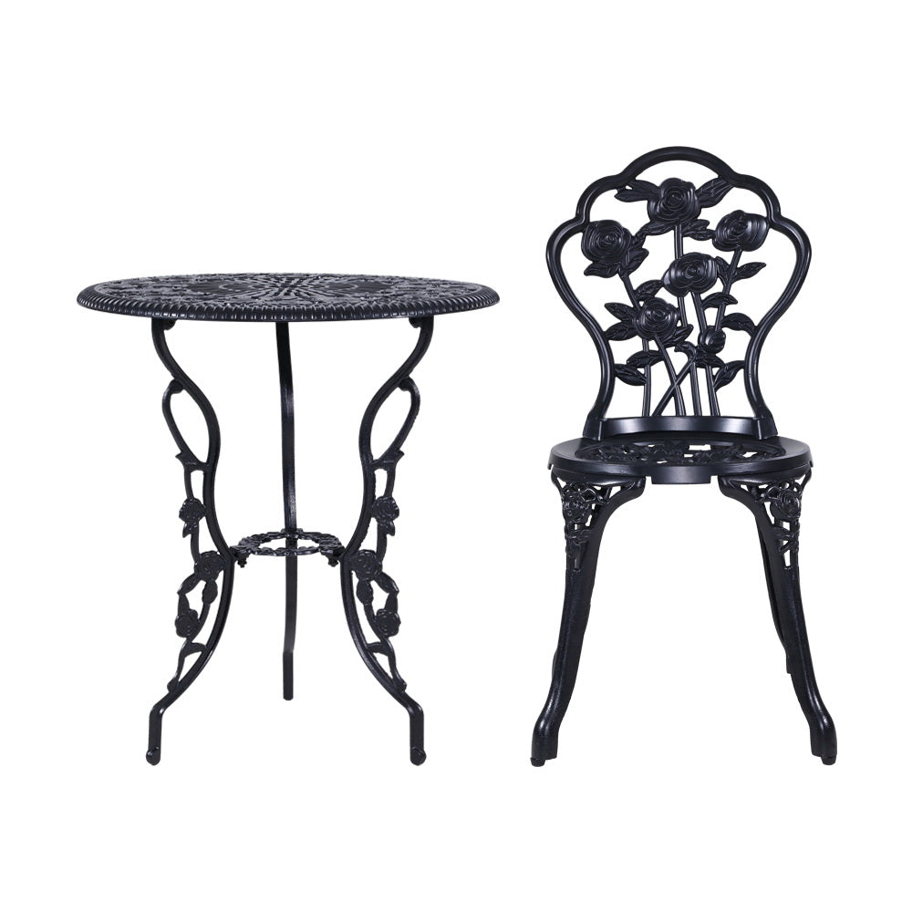 3 Piece Rose Pattern Metal Outdoor Bistro Set - Black - Homecoze