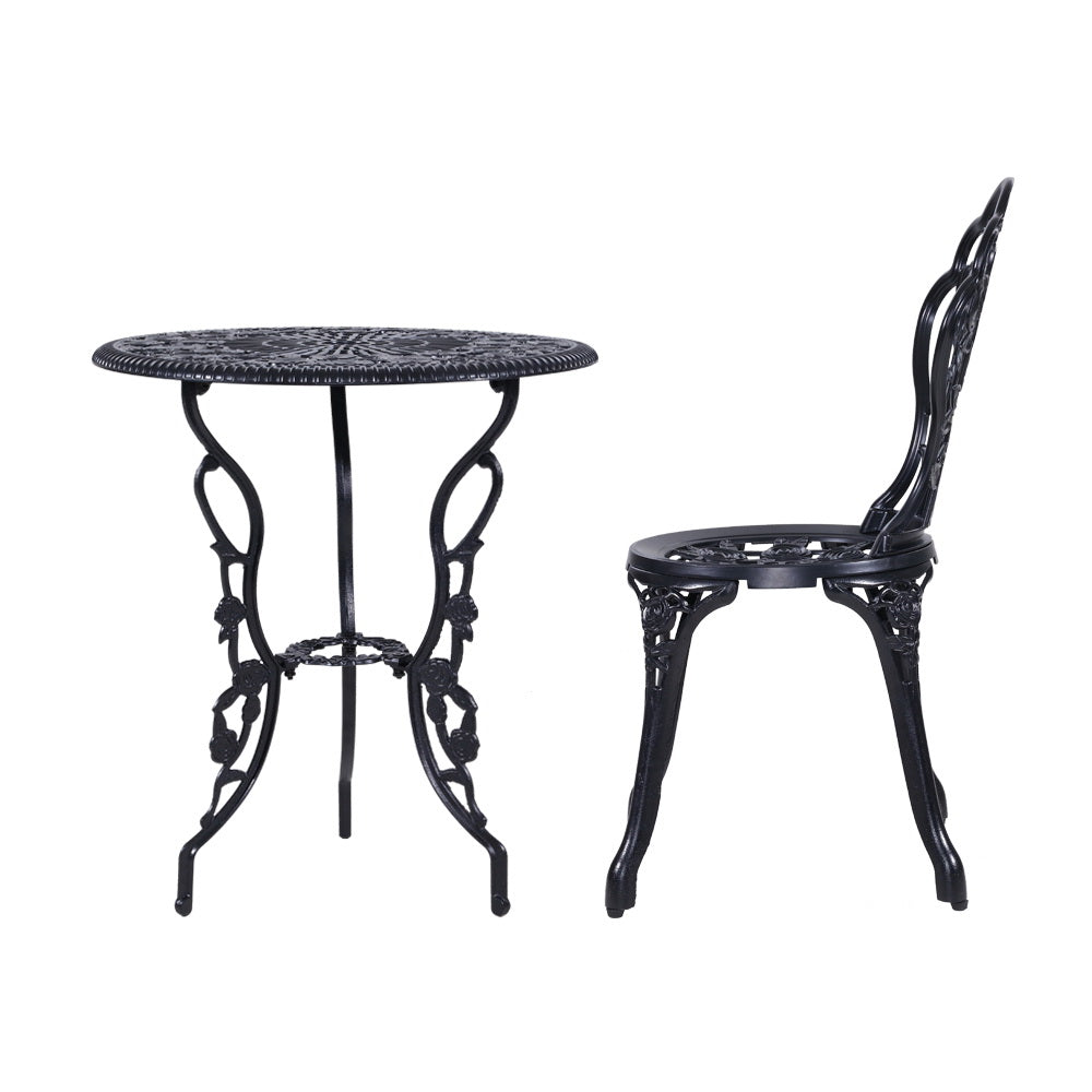 3 Piece Rose Pattern Metal Outdoor Bistro Set - Black - Homecoze