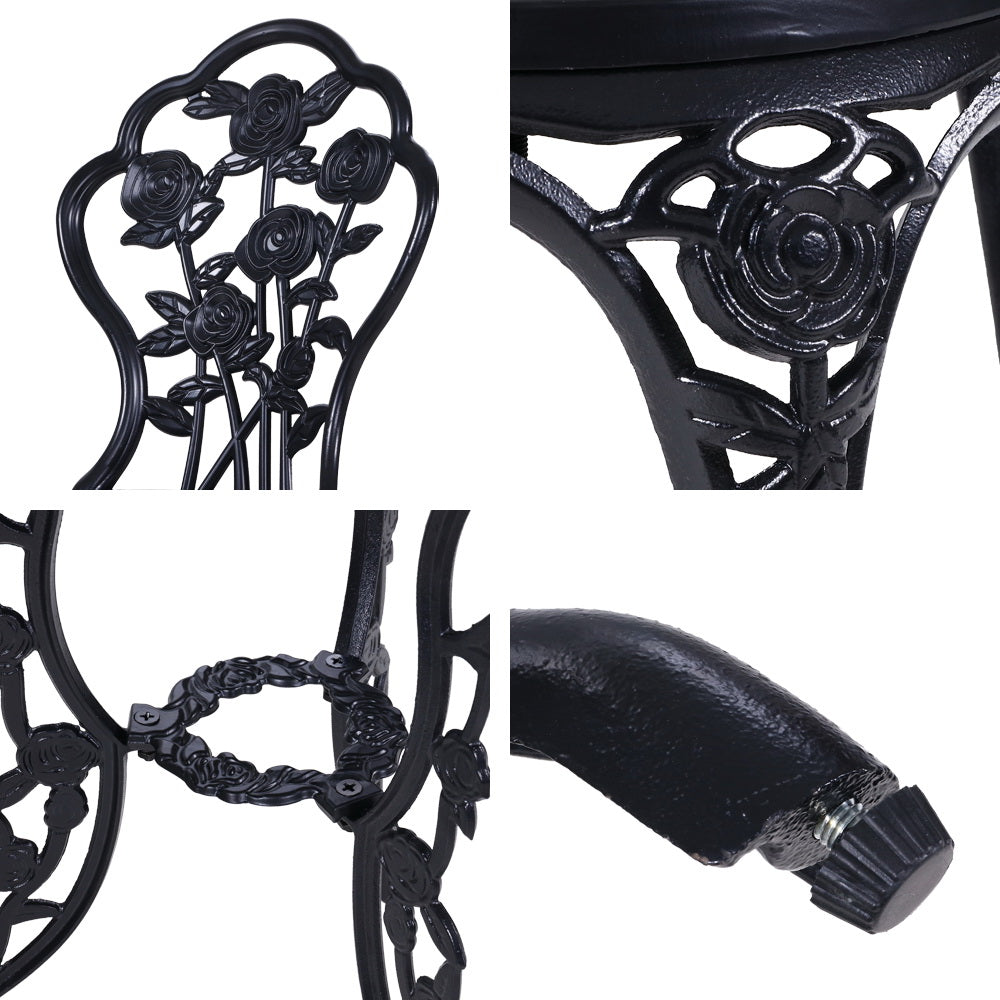 3 Piece Rose Pattern Metal Outdoor Bistro Set - Black - Homecoze