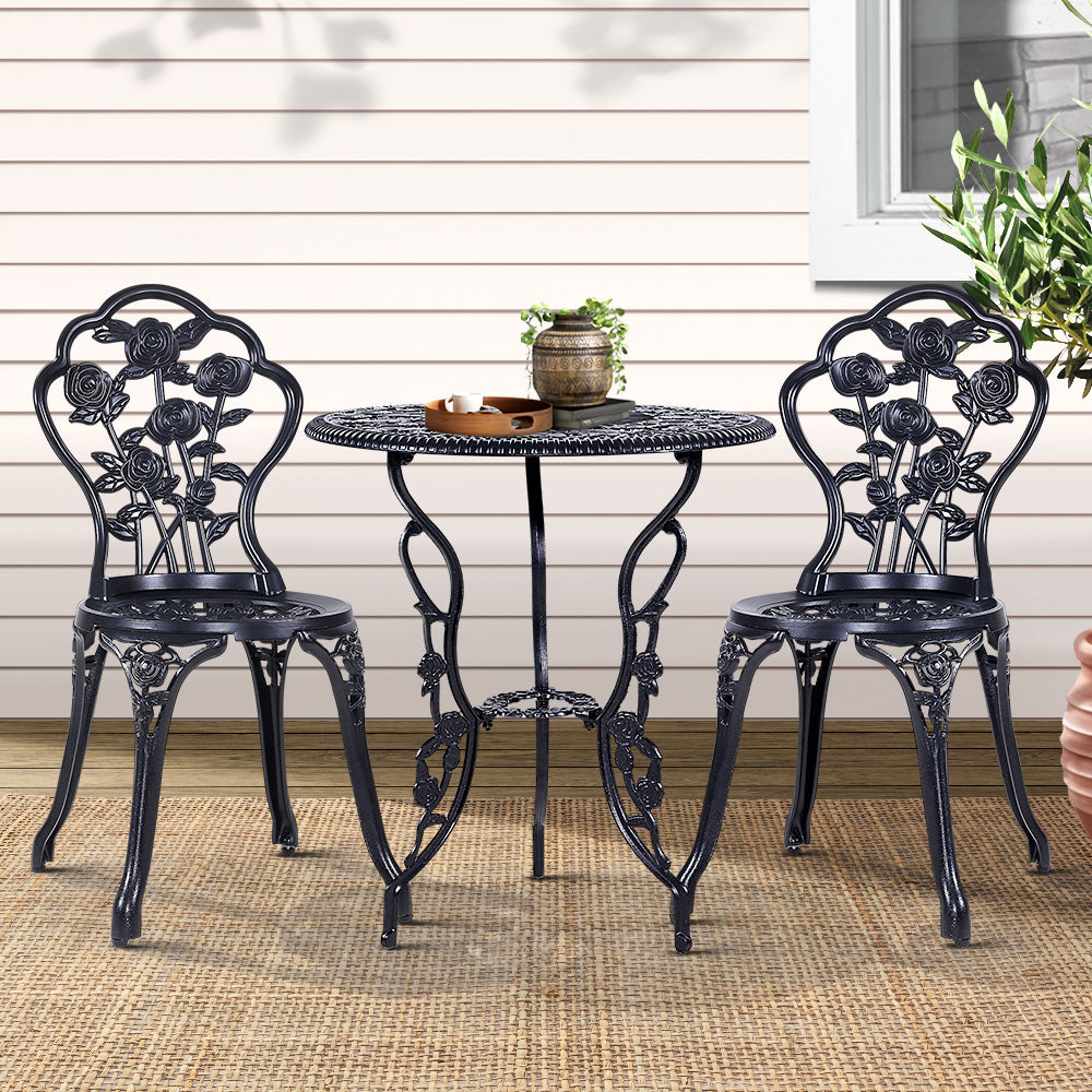 3 Piece Rose Pattern Metal Outdoor Bistro Set - Black - Homecoze