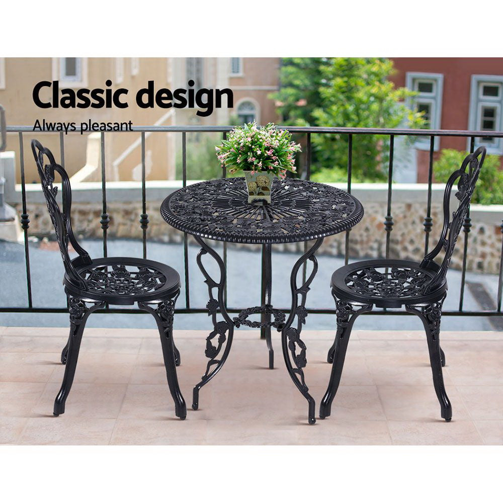 3 Piece Rose Pattern Metal Outdoor Bistro Set - Black - Homecoze