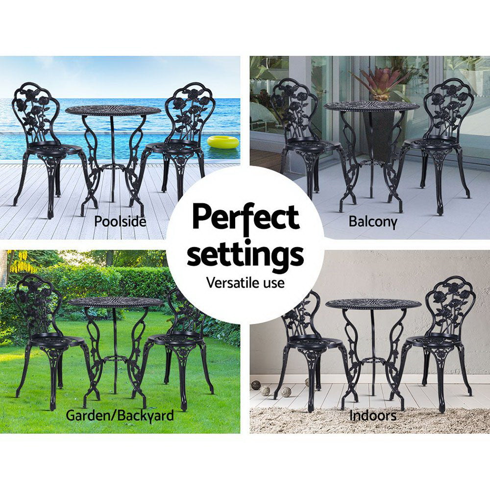3 Piece Rose Pattern Metal Outdoor Bistro Set - Black - Homecoze