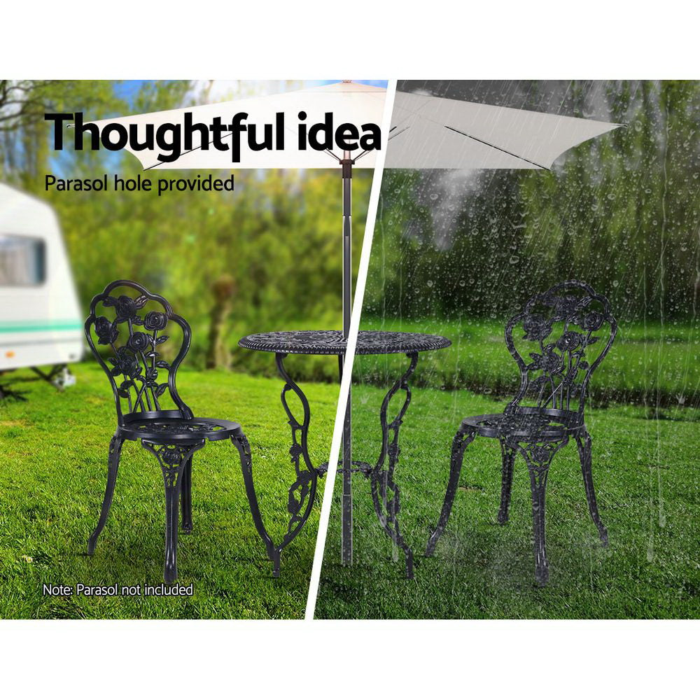 3 Piece Rose Pattern Metal Outdoor Bistro Set - Black - Homecoze