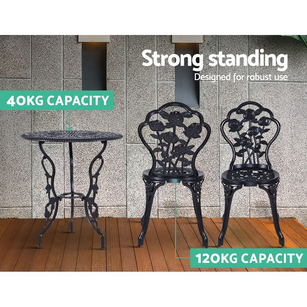 3 Piece Rose Pattern Metal Outdoor Bistro Set - Black - Homecoze