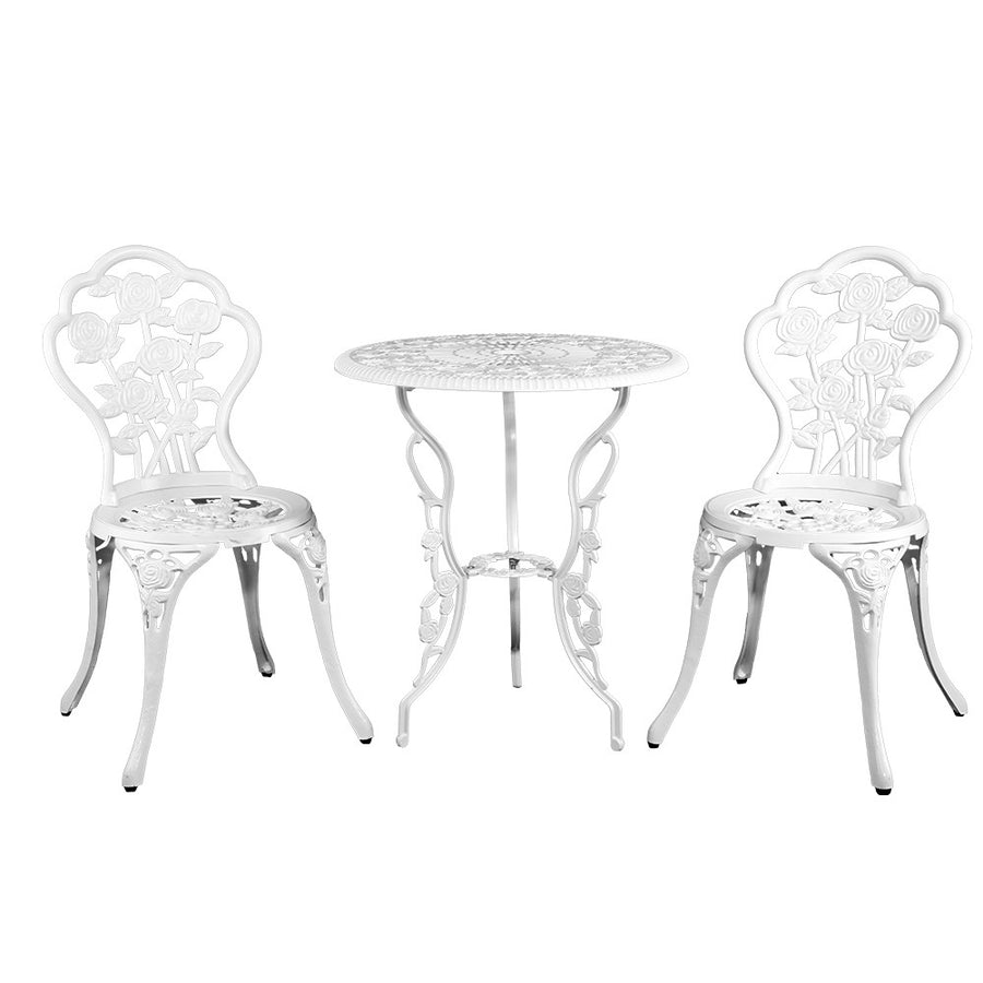 3 Piece Rose Pattern Metal Outdoor Bistro Set - White Homecoze