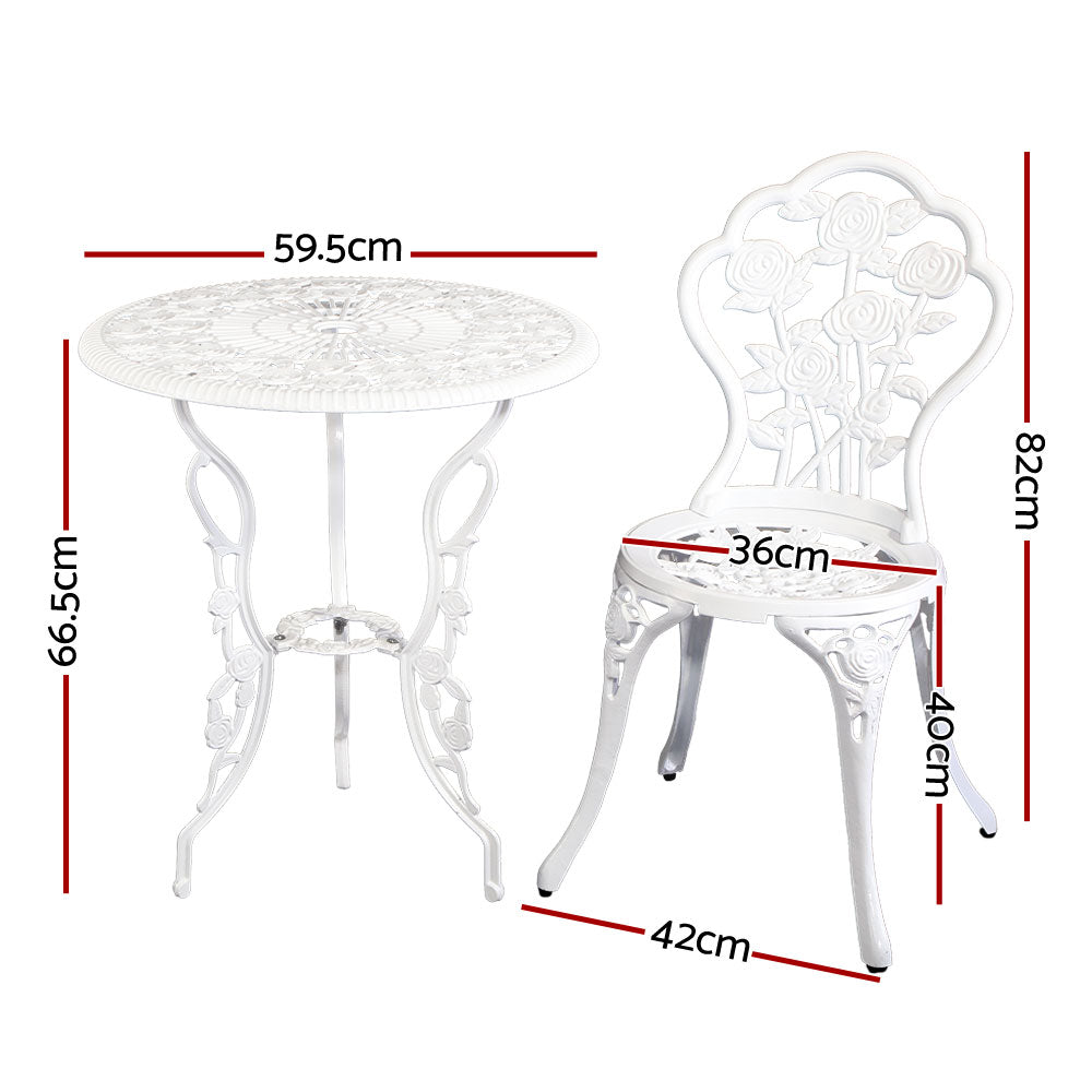 3 Piece Rose Pattern Metal Outdoor Bistro Set - White - Homecoze
