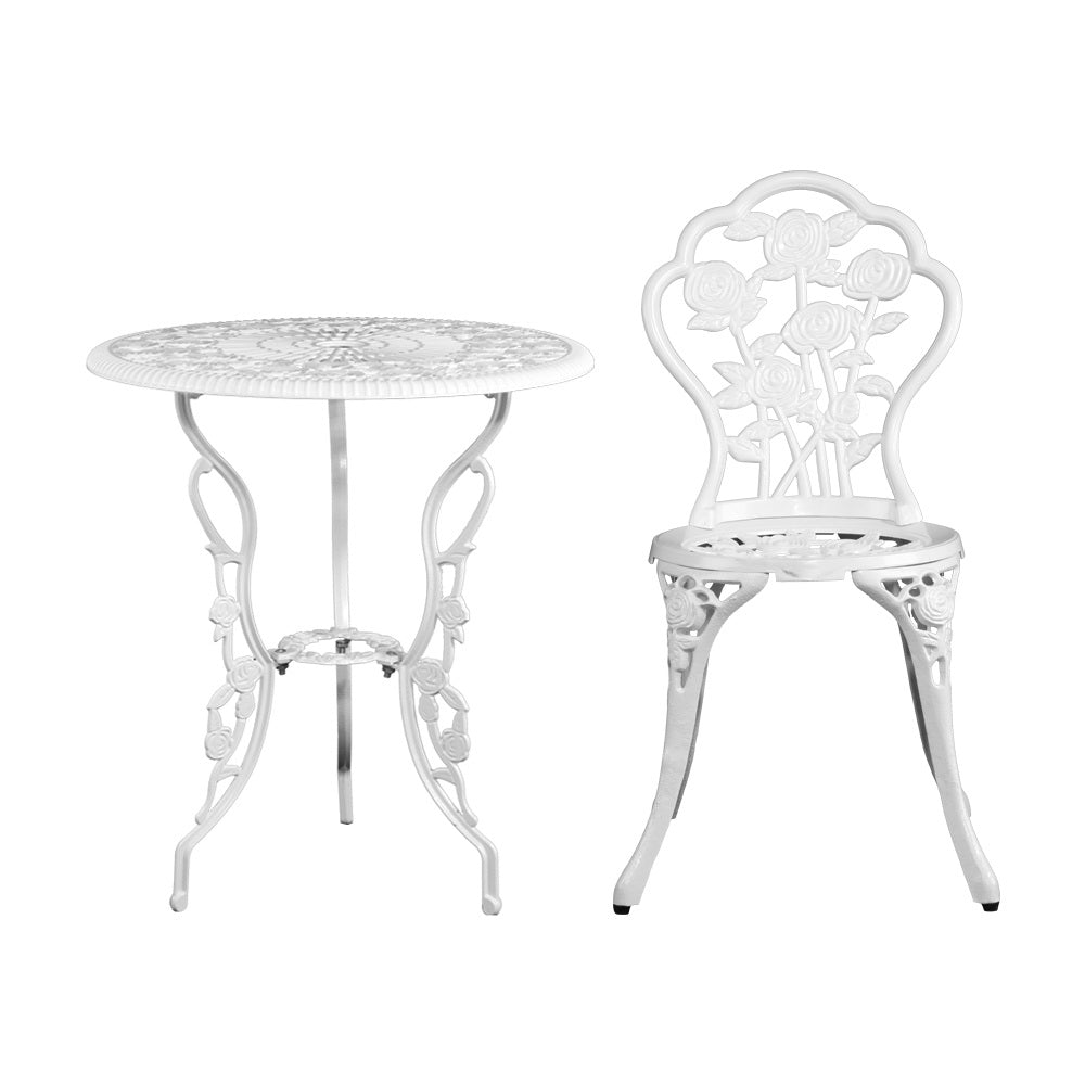 3 Piece Rose Pattern Metal Outdoor Bistro Set - White - Homecoze