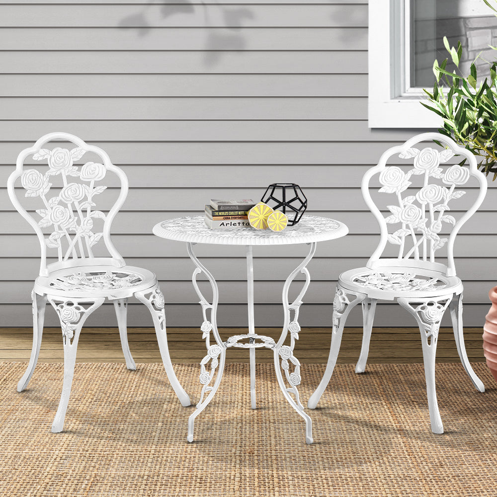 3 Piece Rose Pattern Metal Outdoor Bistro Set - White - Homecoze