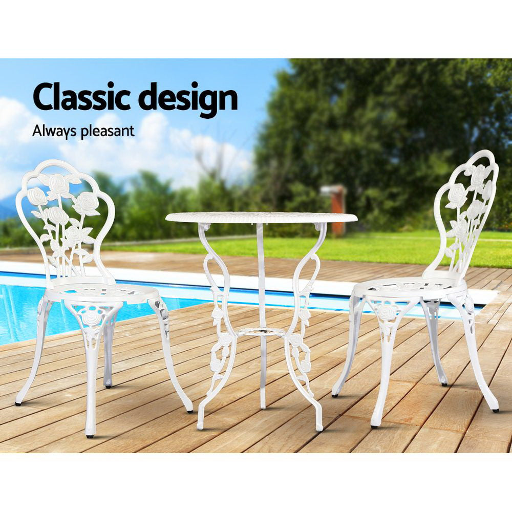 3 Piece Rose Pattern Metal Outdoor Bistro Set - White Homecoze