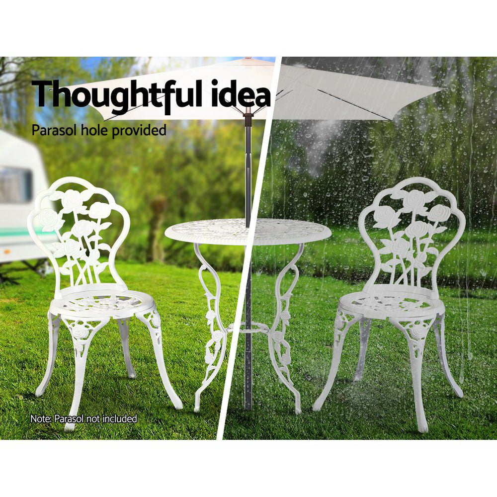 3 Piece Rose Pattern Metal Outdoor Bistro Set - White - Homecoze