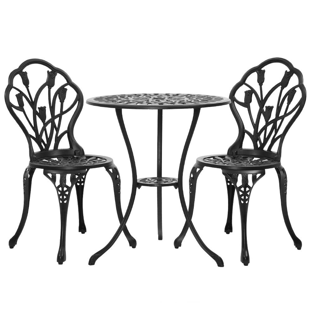 3 Piece Floral Pattern Metal Outdoor Bistro Set - Black - Homecoze