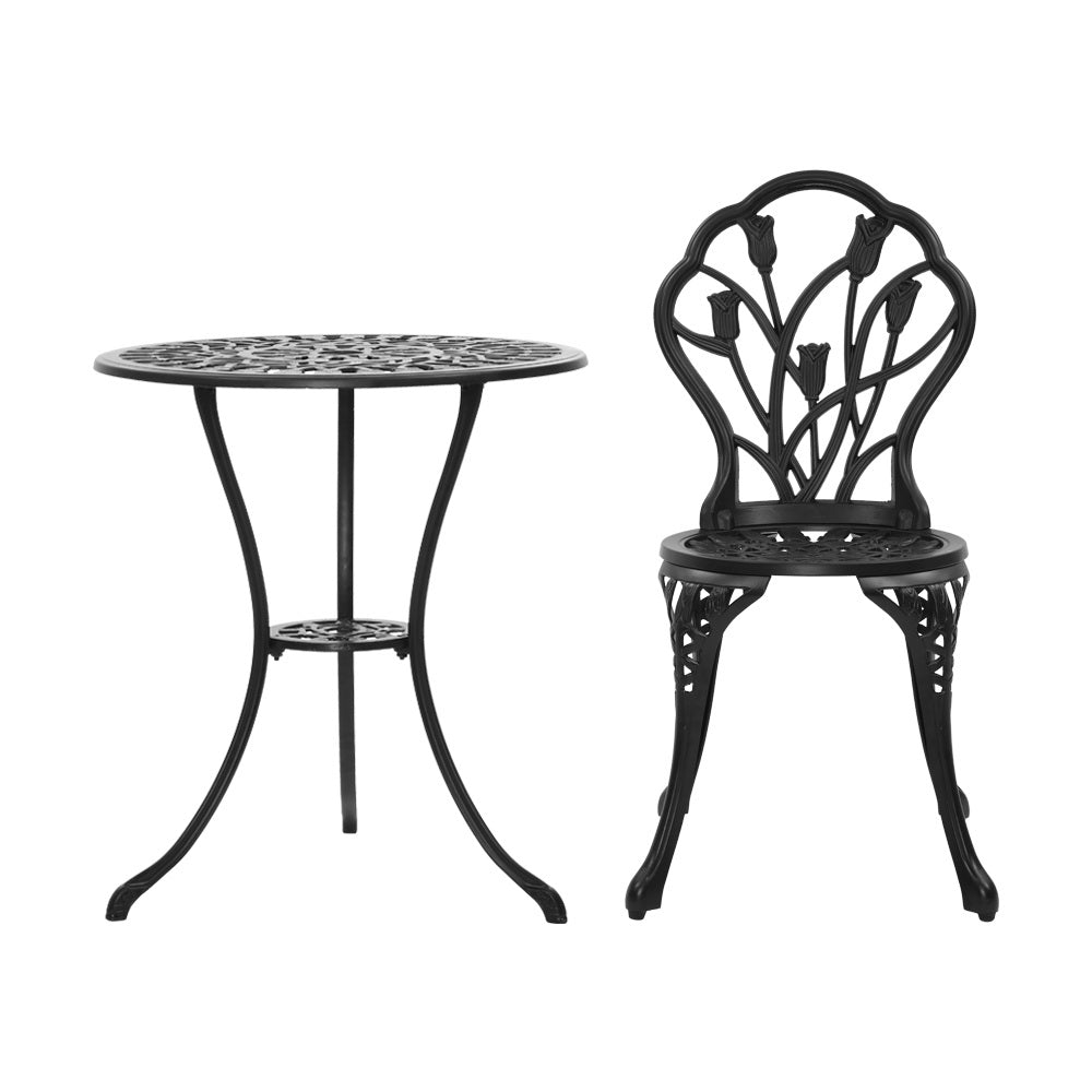 3 Piece Floral Pattern Metal Outdoor Bistro Set - Black - Homecoze