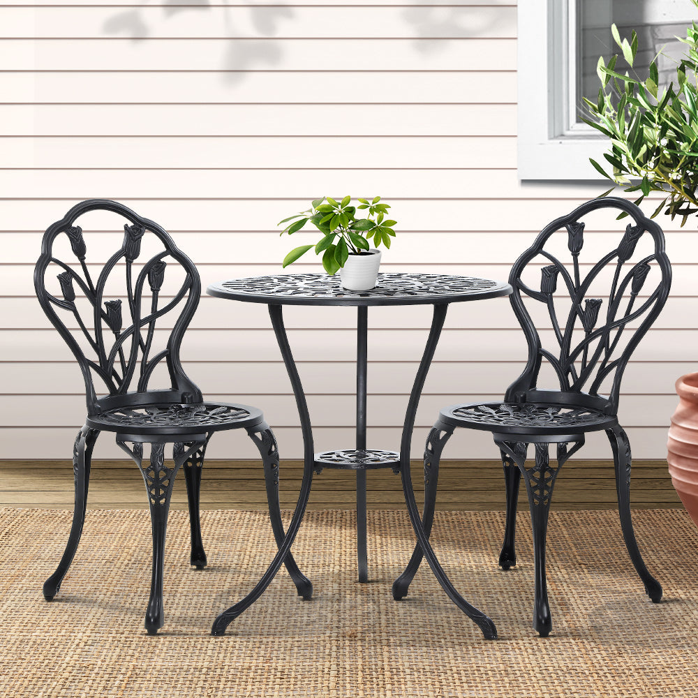 3 Piece Floral Pattern Metal Outdoor Bistro Set - Black - Homecoze
