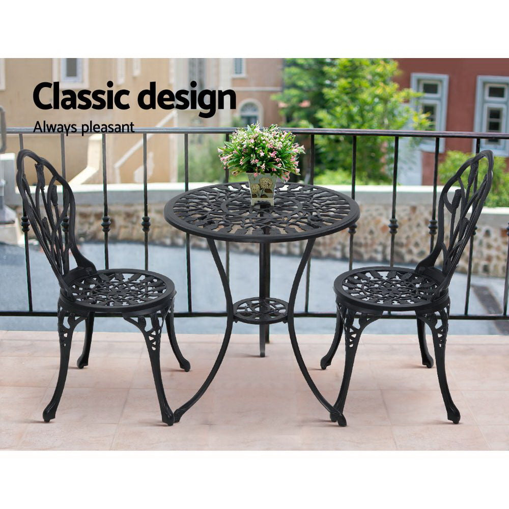 3 Piece Floral Pattern Metal Outdoor Bistro Set - Black - Homecoze