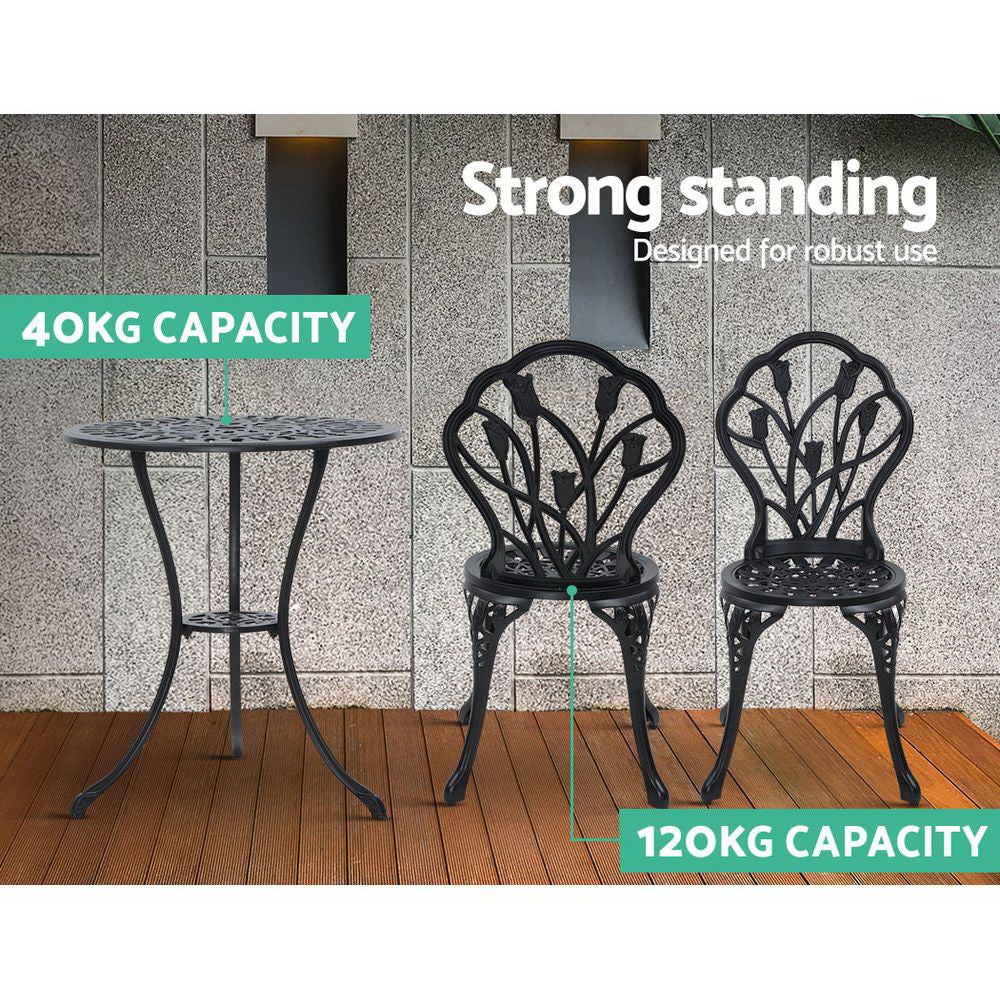 3 Piece Floral Pattern Metal Outdoor Bistro Set - Black - Homecoze