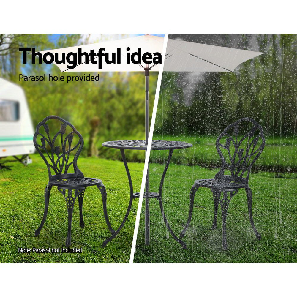 3 Piece Floral Pattern Metal Outdoor Bistro Set - Black - Homecoze