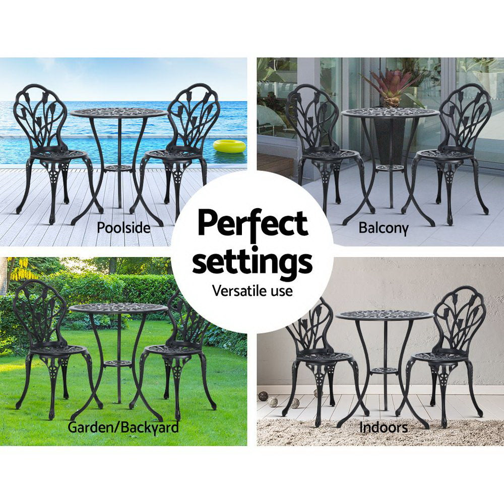 3 Piece Floral Pattern Metal Outdoor Bistro Set - Black - Homecoze