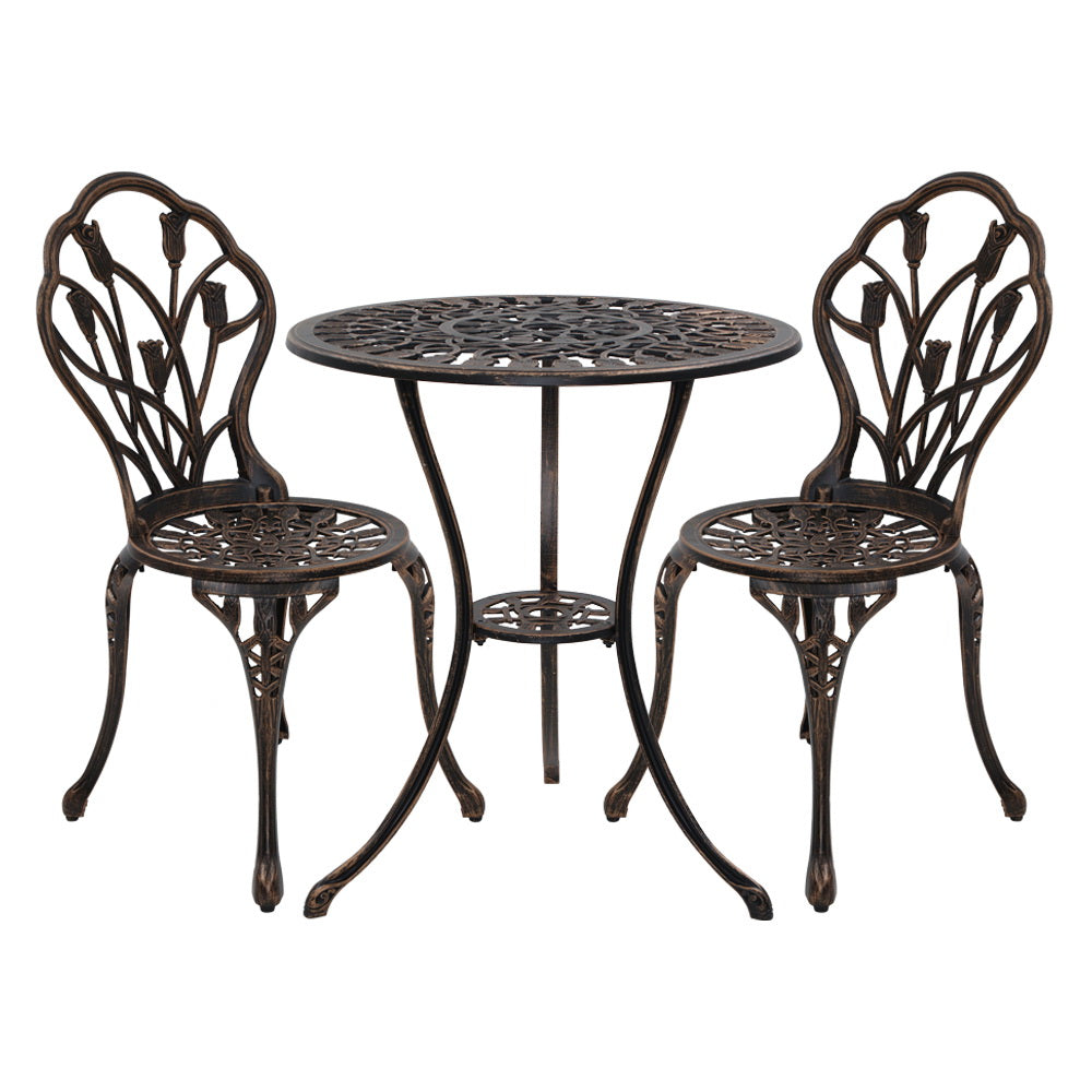 3 Piece Floral Pattern Metal Outdoor Bistro Set - Bronze - Homecoze