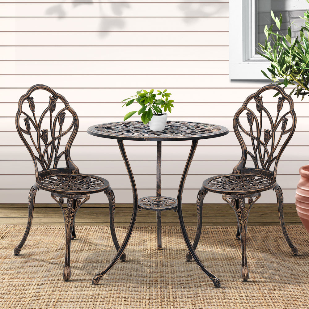 3 Piece Floral Pattern Metal Outdoor Bistro Set - Bronze - Homecoze