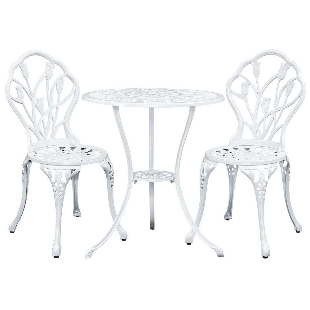 3 Piece Floral Pattern Metal Outdoor Bistro Set - White Homecoze