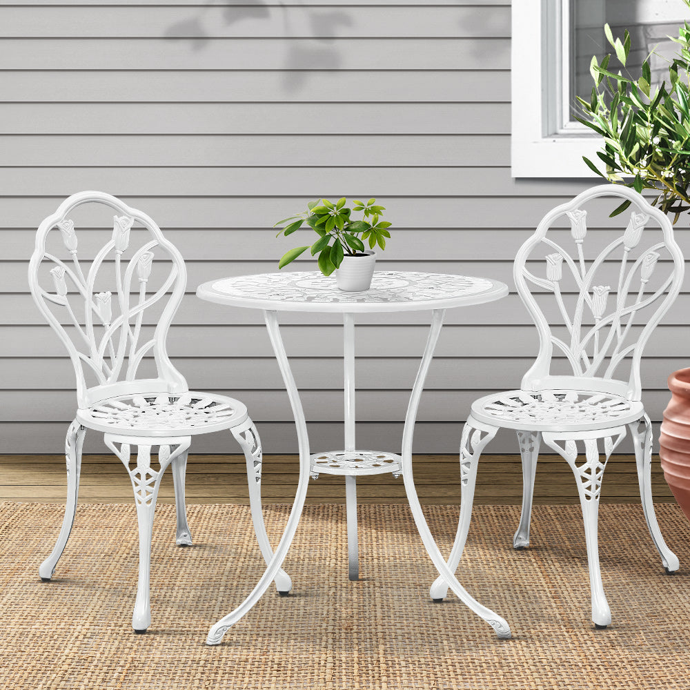 3 Piece Floral Pattern Metal Outdoor Bistro Set - White Homecoze