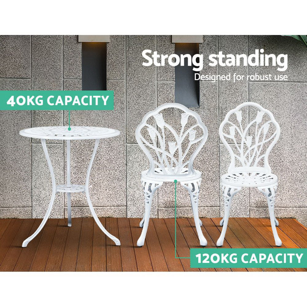 3 Piece Floral Pattern Metal Outdoor Bistro Set - White - Homecoze
