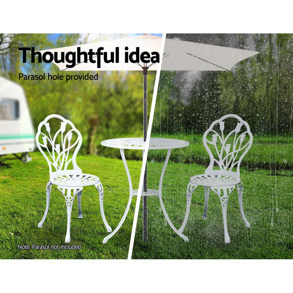 3 Piece Floral Pattern Metal Outdoor Bistro Set - White - Homecoze