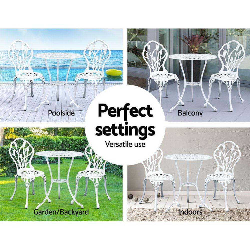 3 Piece Floral Pattern Metal Outdoor Bistro Set - White Homecoze