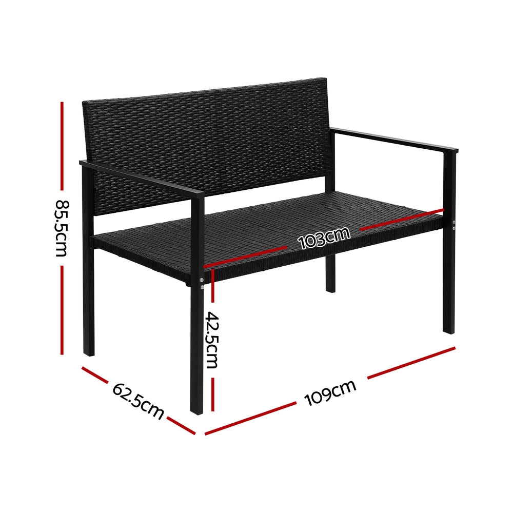 Rattan Outdoor Garden Bench Seat with Steel Frame - Black