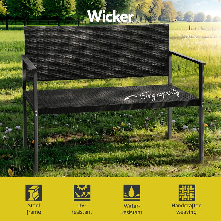 Rattan Outdoor Garden Bench Seat with Steel Frame - Black