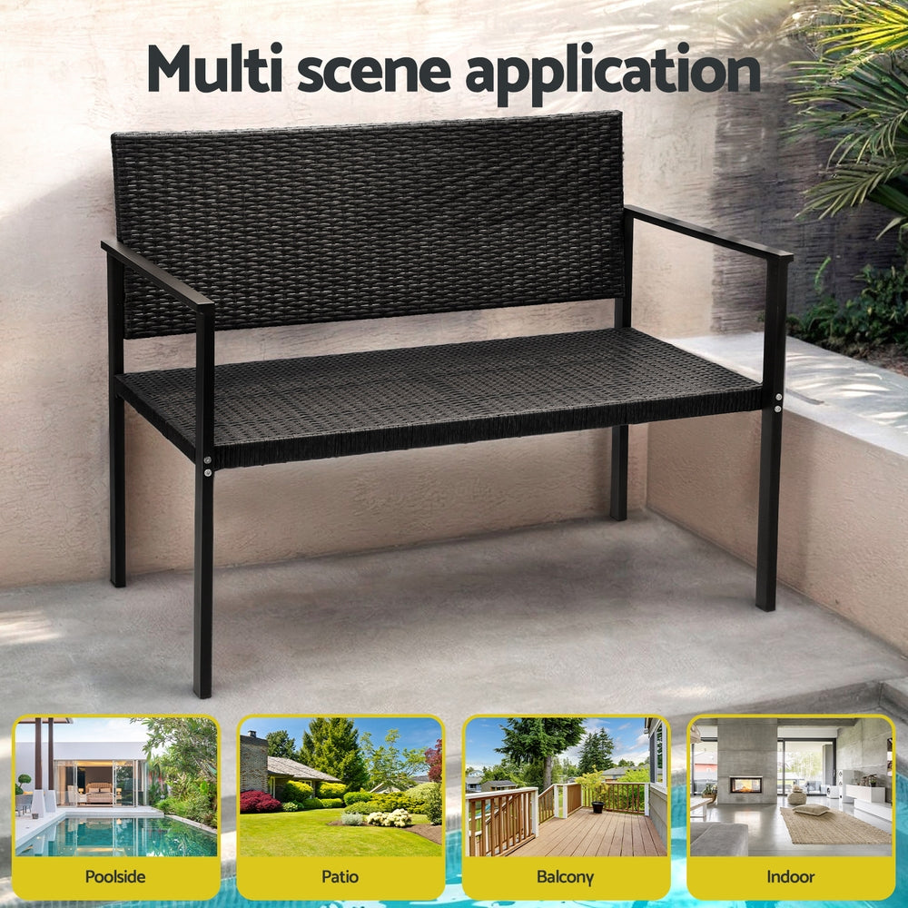 Rattan Outdoor Garden Bench Seat with Steel Frame - Black - Homecoze