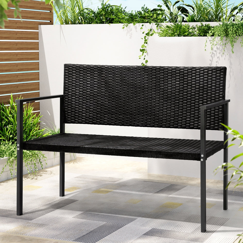 Rattan Outdoor Garden Bench Seat with Steel Frame - Black - Homecoze
