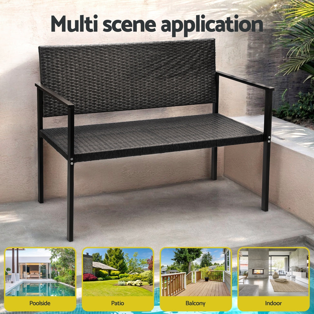 Rattan Outdoor Garden Bench Seat with Steel Frame - Grey - Homecoze