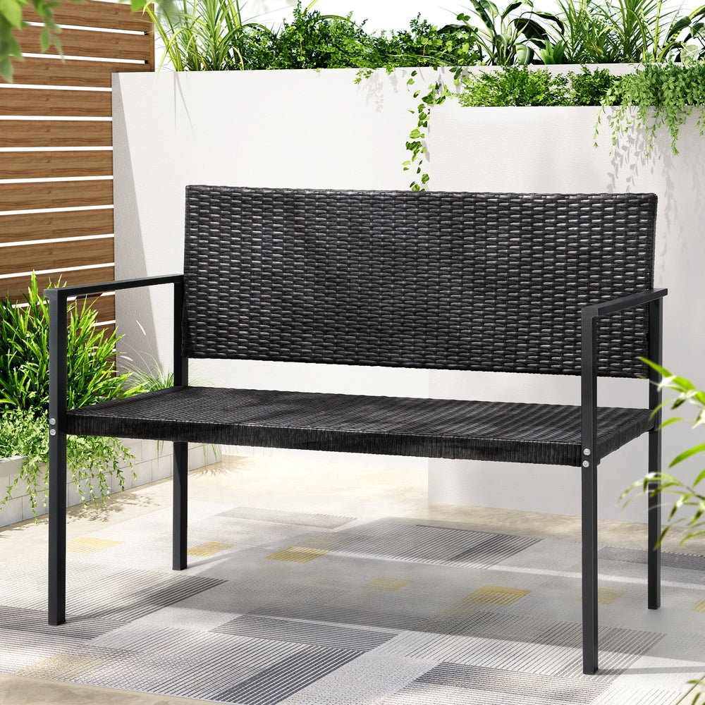 Rattan Outdoor Garden Bench Seat with Steel Frame - Grey