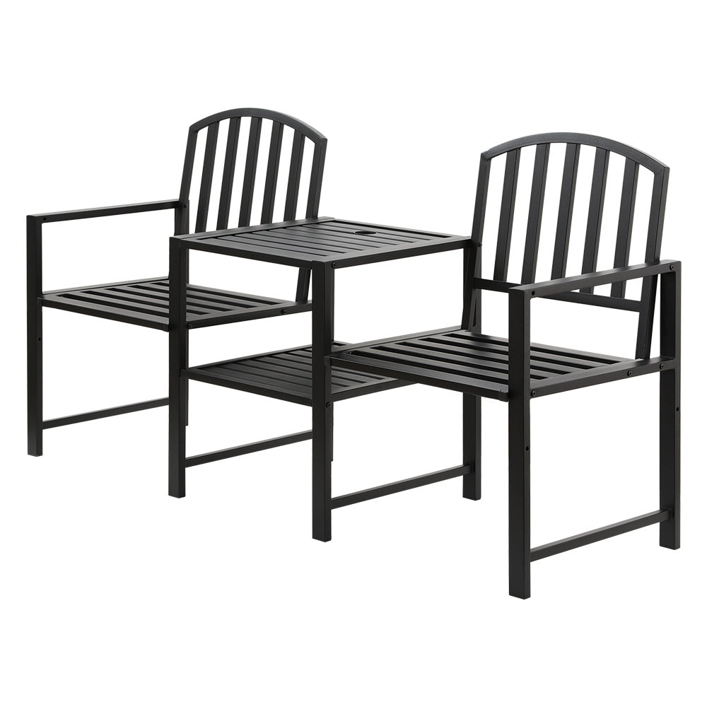 Outdoor Garden Bench Love Seat Chair with Centre Table - Black Homecoze