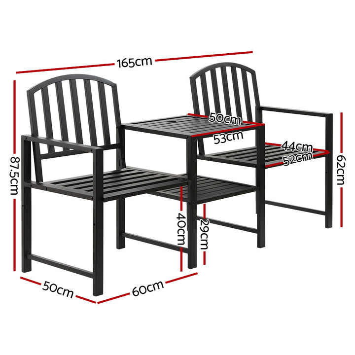 Outdoor Garden Bench Love Seat Chair with Centre Table - Black Homecoze