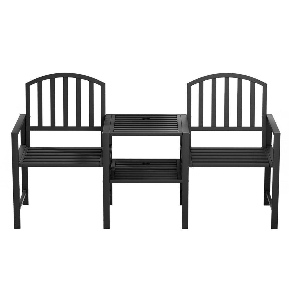 Outdoor Garden Bench Love Seat Chair with Centre Table - Black Homecoze