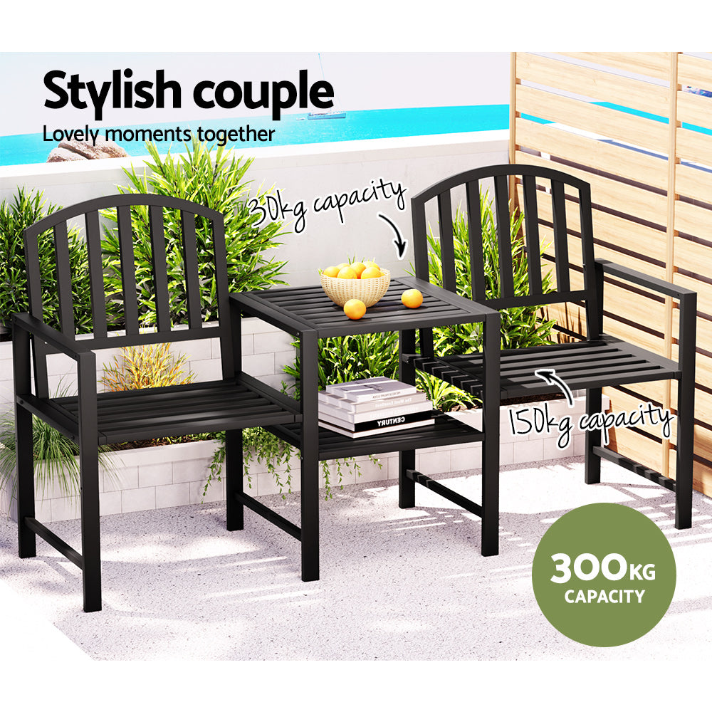 Outdoor Garden Bench Love Seat Chair with Centre Table - Black Homecoze