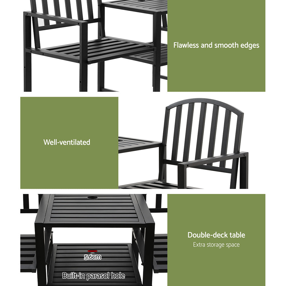 Outdoor Garden Bench Love Seat Chair with Centre Table - Black Homecoze