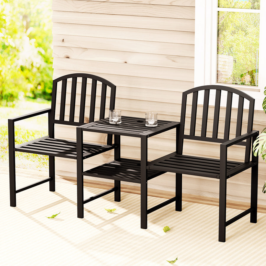 Outdoor Garden Bench Love Seat Chair with Centre Table - Black Homecoze