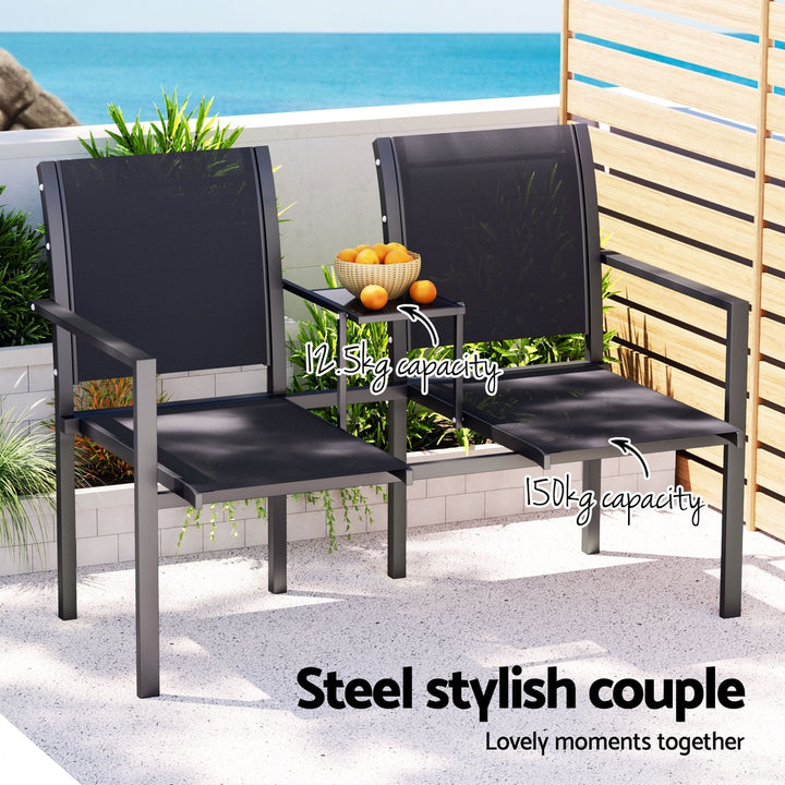 Outdoor Garden Bench Loveseat Twin Chair & Coffee Table - Black