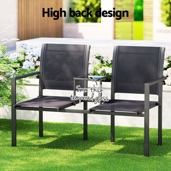 Outdoor Garden Bench Loveseat Twin Chair & Coffee Table - Black