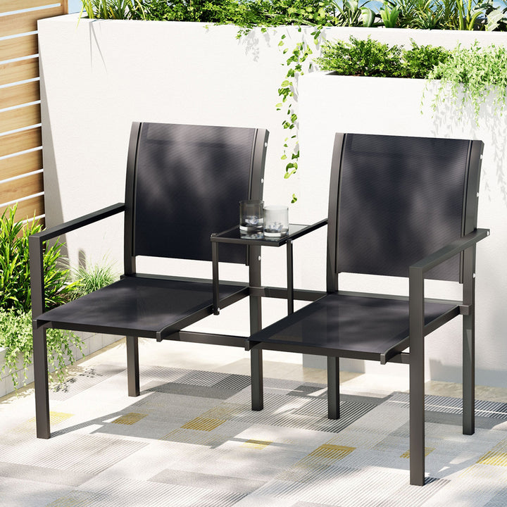 Outdoor Garden Bench Loveseat Twin Chair & Coffee Table - Black