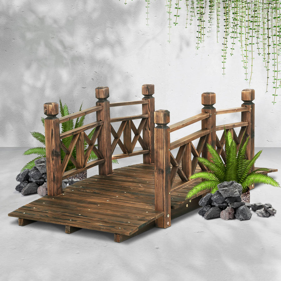 Garden Décor Wooden Rustic Bridge with Side Railings 150cm Homecoze